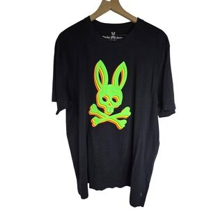 Psycho Bunny Graphic Tee Mens 8 XXL Black Excellent Neon Skull Crossbones Pima